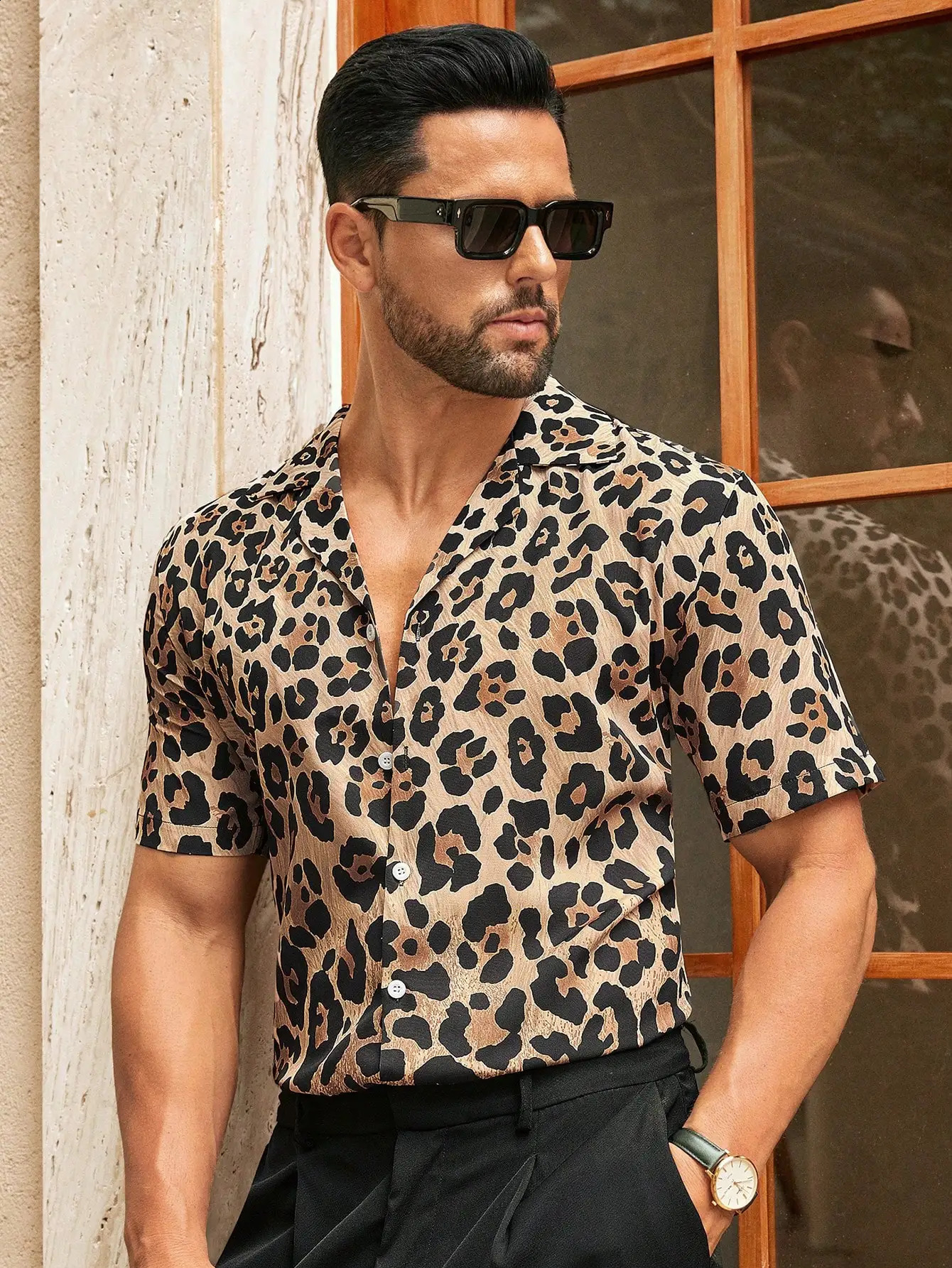 Fashion Leopard Pattern Print Mens Button Up Shirt Mens Button Down Shirt Clothing Holiday Short Sleeve Shirts for Men 250917