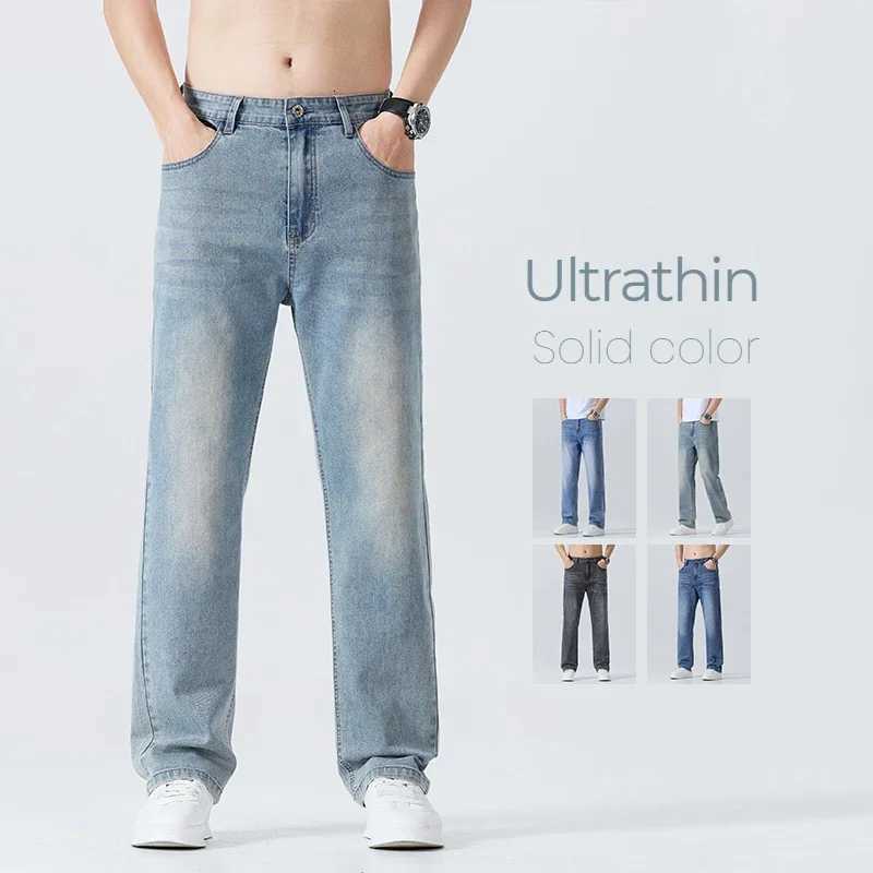 Summer Thin Straight Jeans Mens Clothing Soft Breathable Trousers Male Brand Comfortable Business Loose Denim PantsZ250917