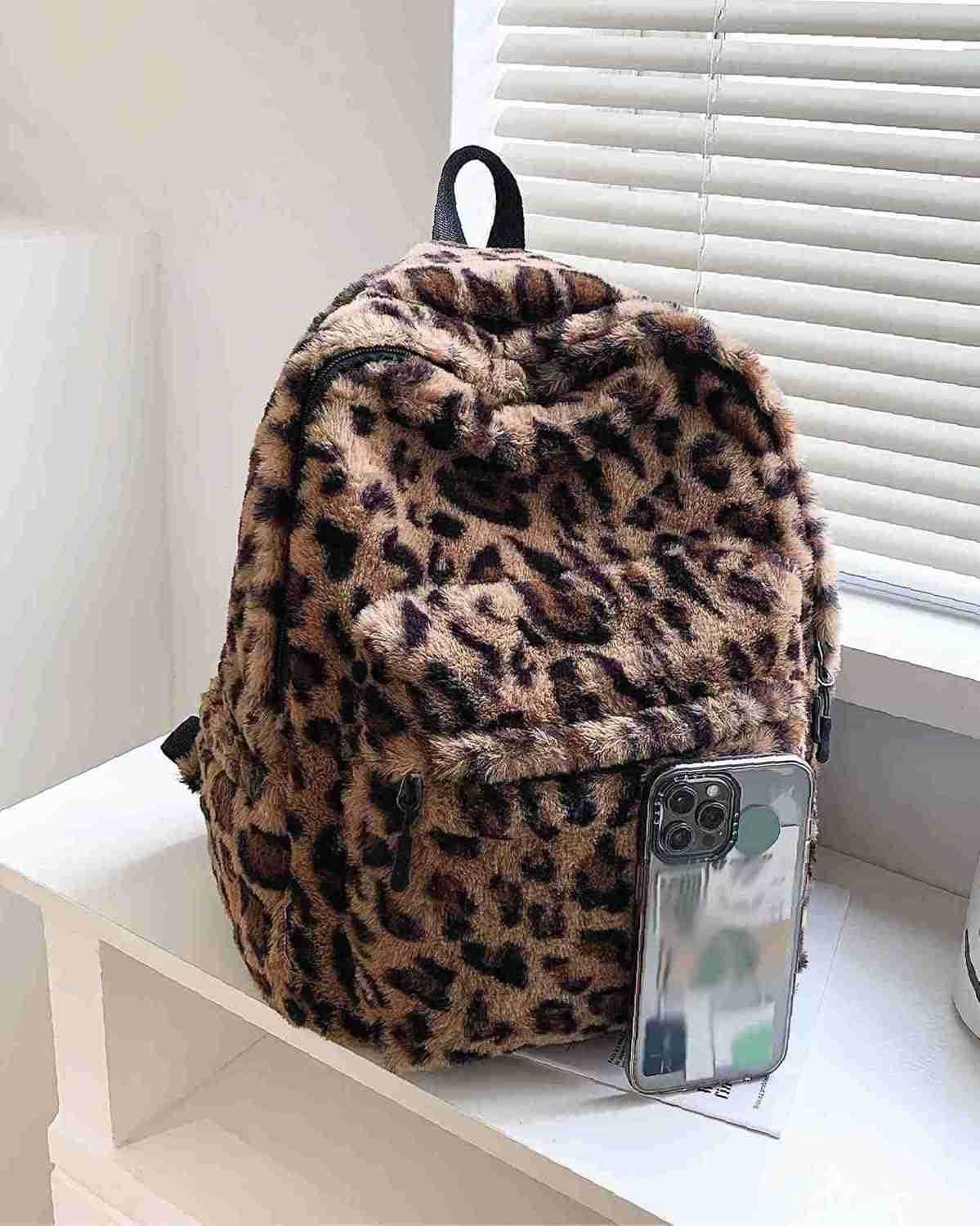 fluffy cheetah print backpack cute y2k animal fur 14 inch scene book bag for women fashion simple personal item aesthetic girls bag Z259017