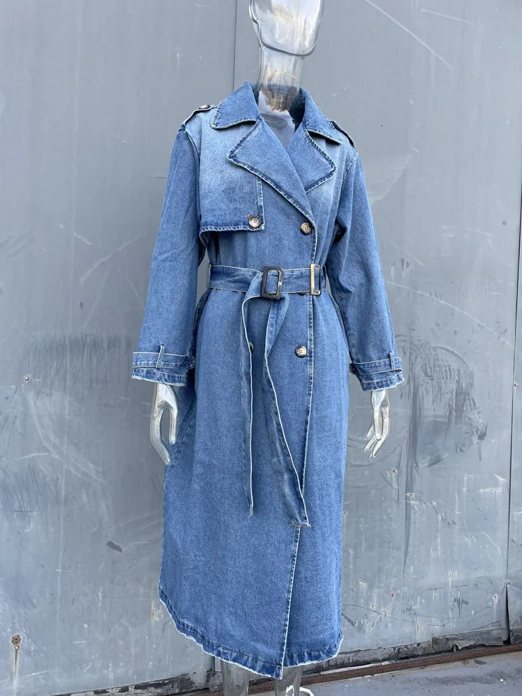 Denim Trench Coats For Women Belt On Waist Slim Jean Ladies Jaqueta Feminina Blue Jacket Woman 250917