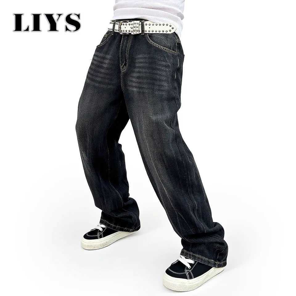 American Street Solid Retro Black Baggy Jeans Mens Autumn Winter Loose Tie Flower Wide Leg Denim Pants Daily Rest Stacked JeansZ250917