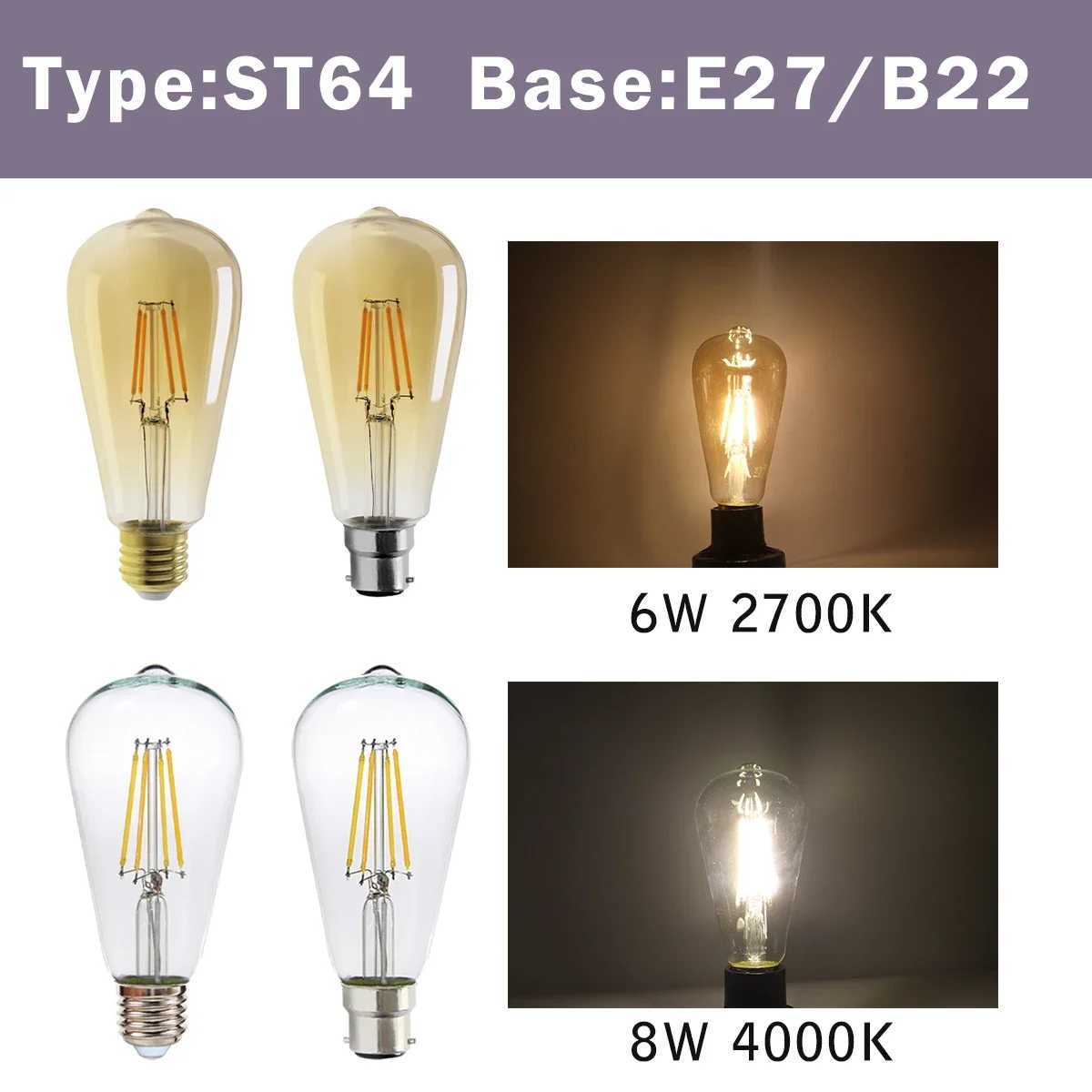 E27 B22 E14 Led Edison Filament Bulb C35 A60 ST64 220V240V Vintage 2700K 4000K Warm Glass Lamp Lighting Indoor Living C250917