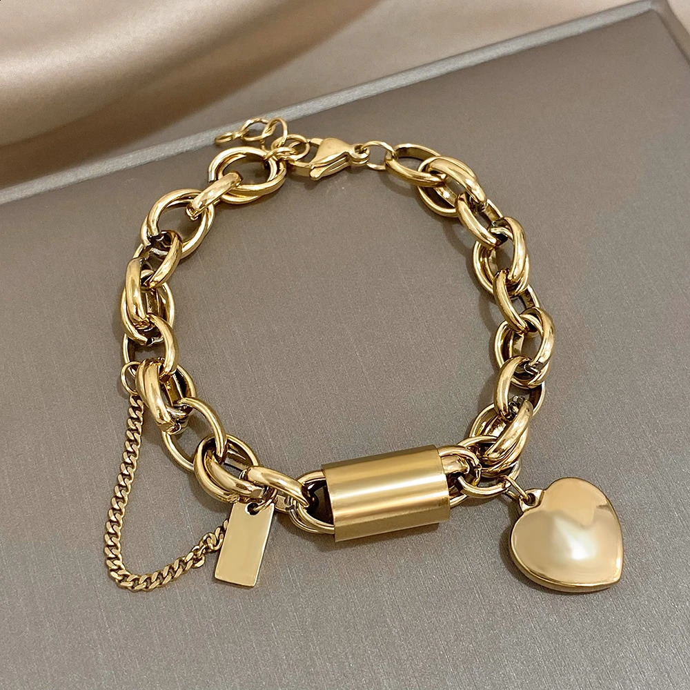 DODOHAO Chunky Double Thick Chain Stainless Steel Bracelets for Women Punk Gold Color Heart Love Buckle Pendant Wrist Jewelry 250916