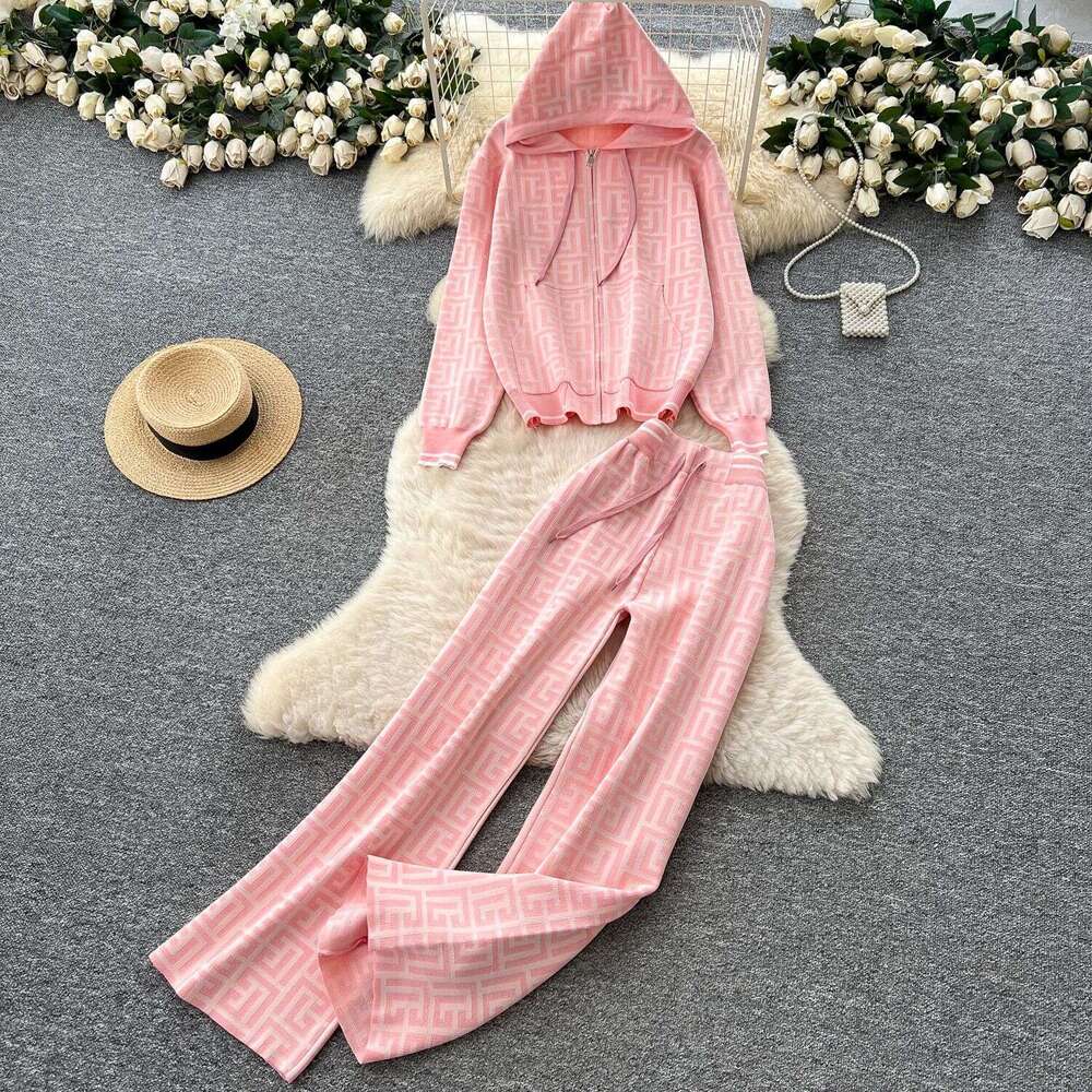 Luxury Design Winter Knitted Two Pieces Suits Women Thick Warm Zipper Hooded+Wide Legs Pants Fashion Geometric Print Sweater Sets High-end