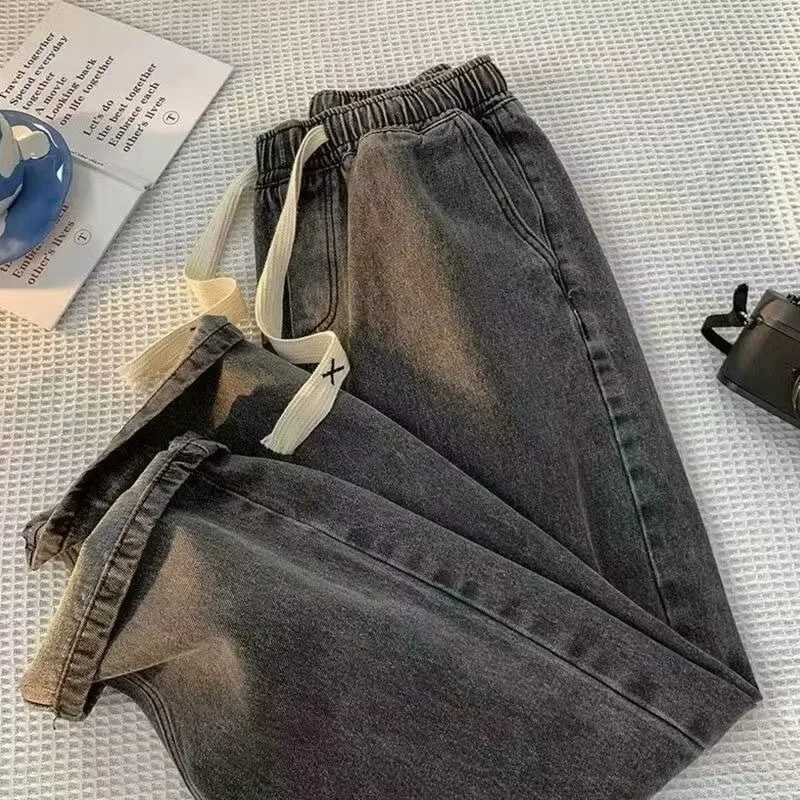 Men Casual Loose Jeans Male Streetwear Fashion Straight Wide Leg Denim Pants Elastic Waist Comfortable Solid Color Gray TrousersZ250917