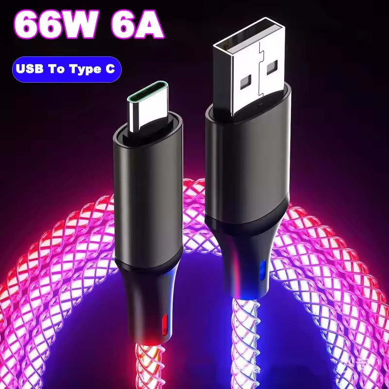 66W RGB Color Light USB C Fast Charging Cable For Xiaomi Huawei Samsung Dual Type-C Phone Charging Cable Data Cord