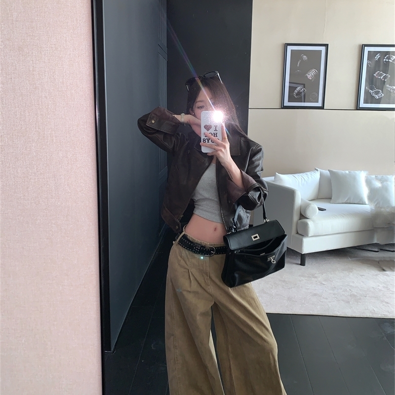 Cibbar brown leather trimmed jacket y2k retro pocket patch work zipper full set PU jacket 2000s streetwear womens retro jacket 241126