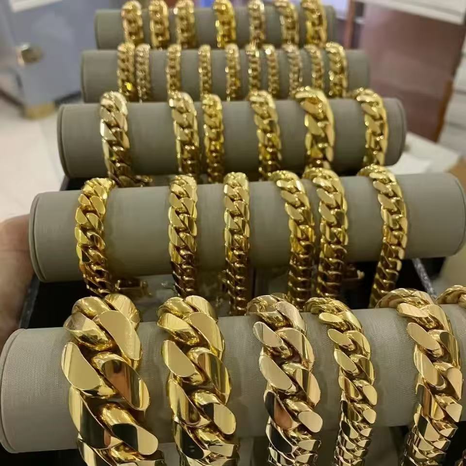 Simple Plain Solid Yellow Gold Plated Miami Hip Hop Luxury Cuban Link Chain for Rapper Stylist Mens Daily Wear Chain or Bracelet