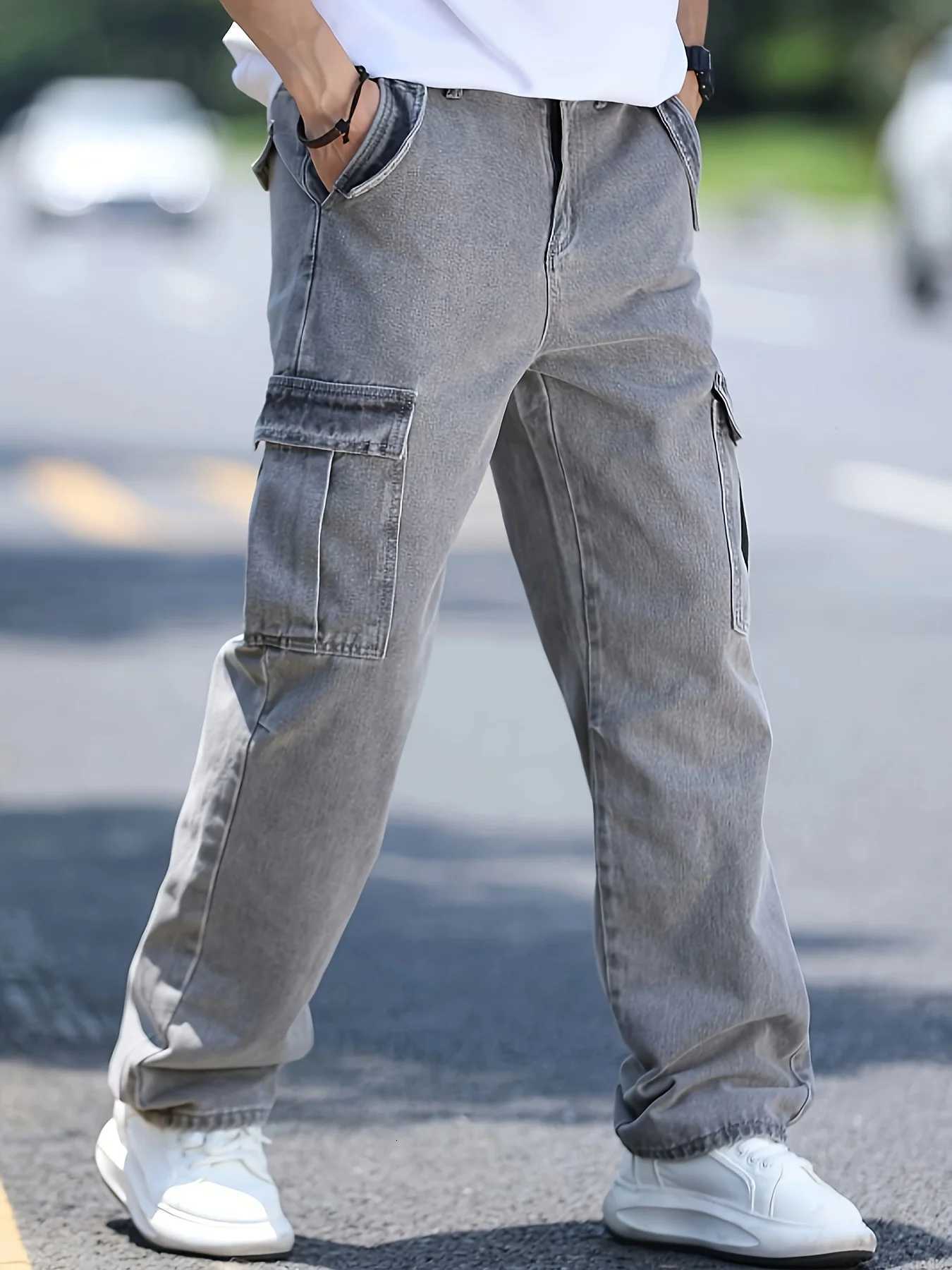Mens multi pocket denim work pants straight leg denim pantsZ250917