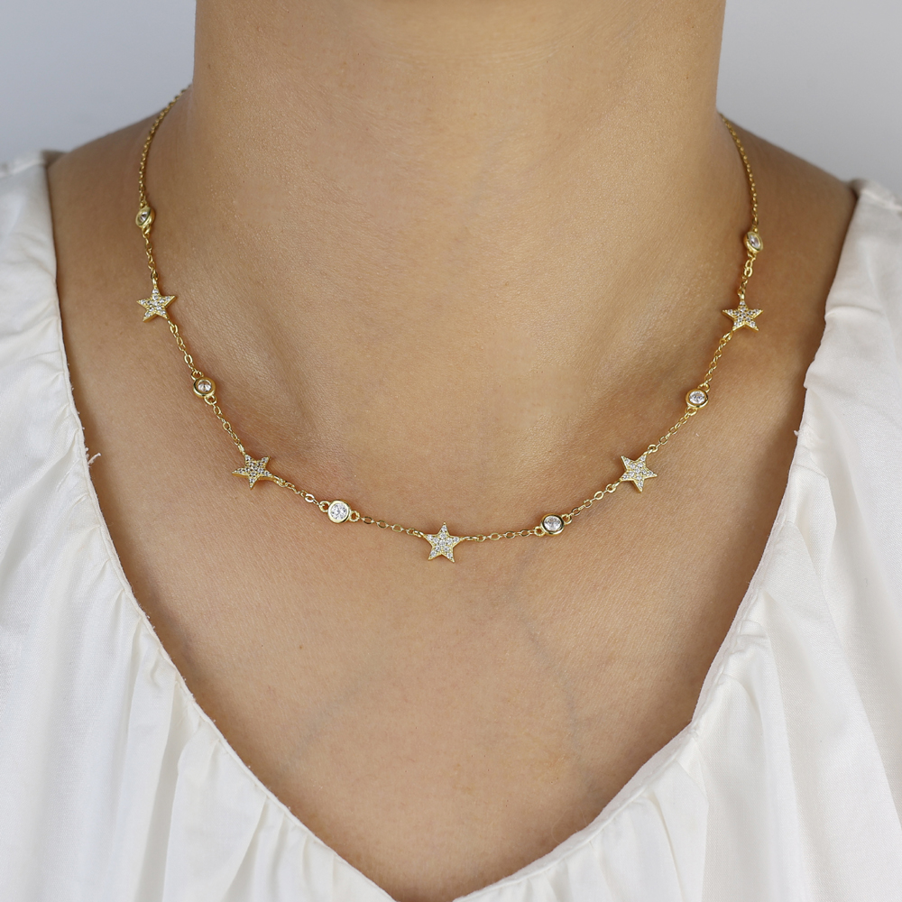New 100% 925 Sterling Silver Necklace Geometric Star Choker Chain For Women Girl Fine Cute Jewelry Accessories