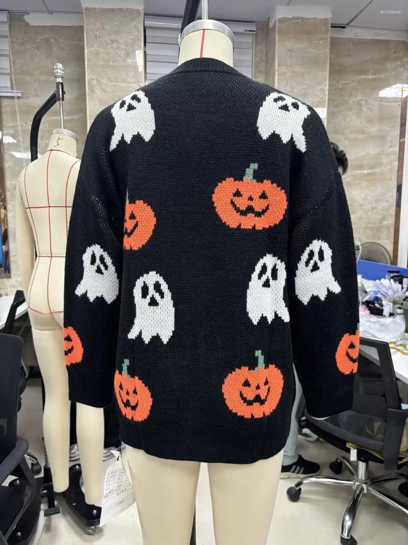 Women's Blouses Pumpkin Patterned Knitted Pullovers Halloween Festival Loose Fit Long Sleeve Sweater Autumn Winter O Neck Cardigan Jumpers