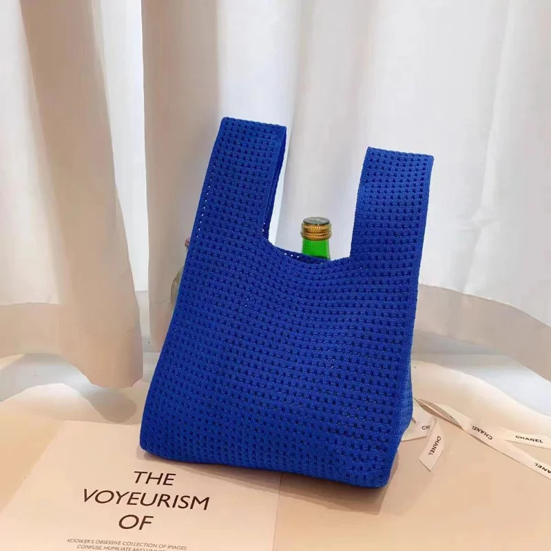 Handmade Knit Handbag Women Mini Knot Wristbag Female Casual Color Wide Stripe Plaid Tote Bag Student Reusable Shopping 250917