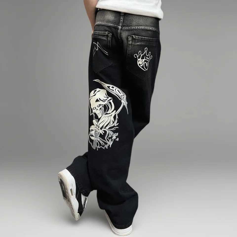 Mens Street Skeleton Pattern Straight Jeans Baggy Pants Loose Wide Leg Mens Casual Denim Clothes Personality HipHop Man PantZ250917