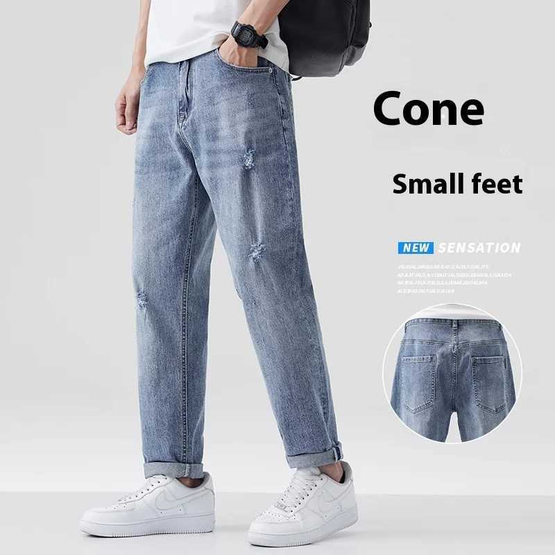 Lightwashed Loose Fit Mens Straight Leg Casual Ninepoint Jeans with Tapered Ripped Long Pants Stretchy SummerZ250917