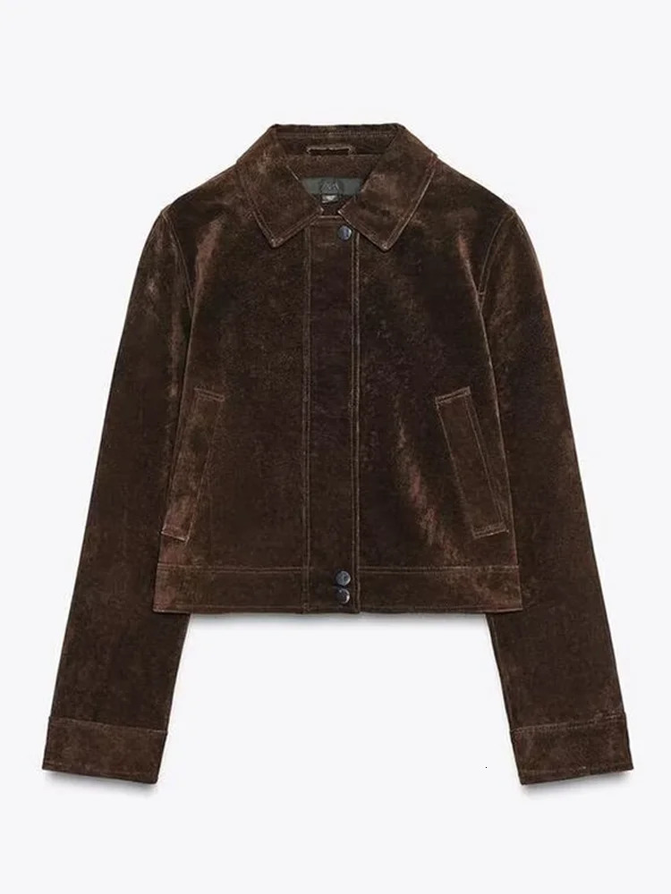 Suede Short Womens Jacket Vintage Laple Zipper Pockets Zipper Full Sleeve Female Jackets Autumn Winter Lady Outwears 250917