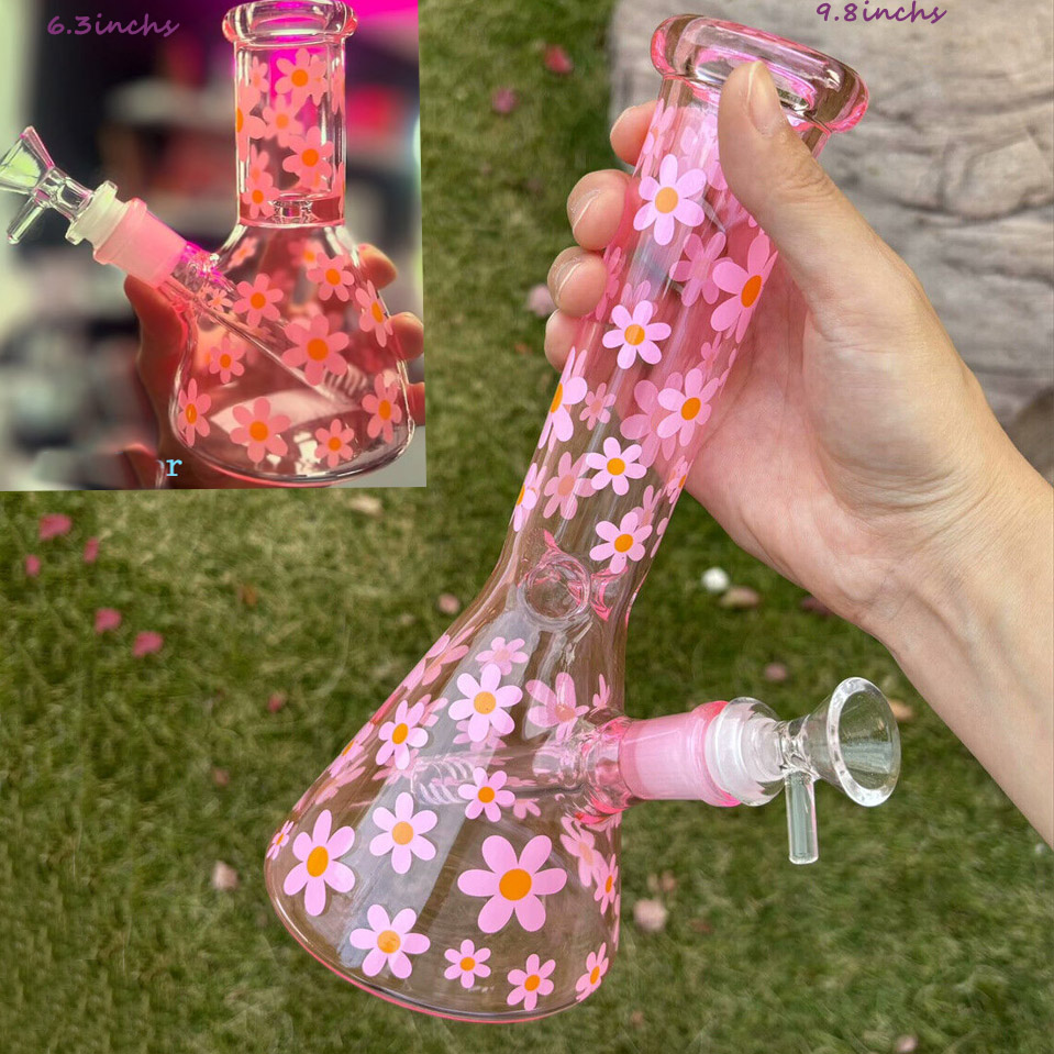 Daisy Glass Bong Water pipes Bubbler Hookahs Heady Pink Glass Water Bongs Dab Rigs Downstem perc Smoking 9.8''