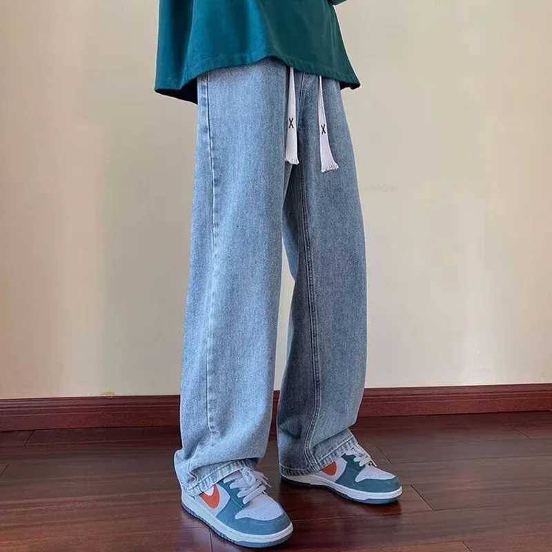 Men Casual Loose Jeans Male Streetwear Fashion Straight Wide Leg Denim Pants Elastic Waist Comfortable Solid Color Gray TrousersZ250917