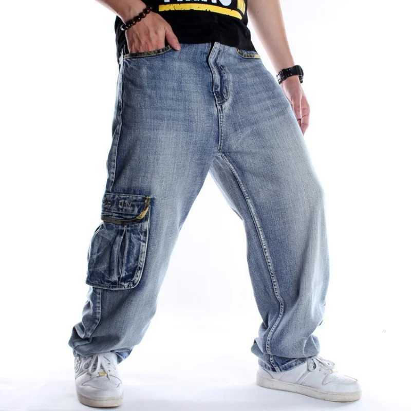 Large Size 46 Loose Jeans Men Denim Pants Straight Pocket Baggy Casual Streetwear Hip Hop Brand Blue Wide Leg Cargo TrousersZ250917