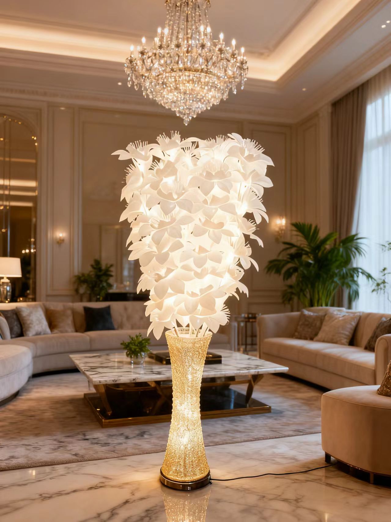 Elegant Crystalline Vessel Holding a Glimmering Optical Fibre Butterfly Bloom