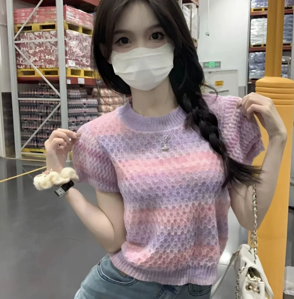 Korean Fashion Knitwear Women O-Neck Short Sleeve Casual Summer Y2K Chic Clothing Sweater Pullovers Tops Pull Femme Tees 250723