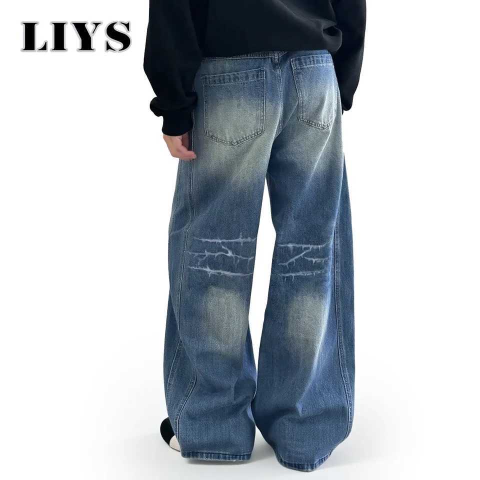 American Retro Personality Lightning Grain Loose Wide Leg Mens Jeans Autumn Winter Baggy Design Denim Pants Womens Street JeanZ250917