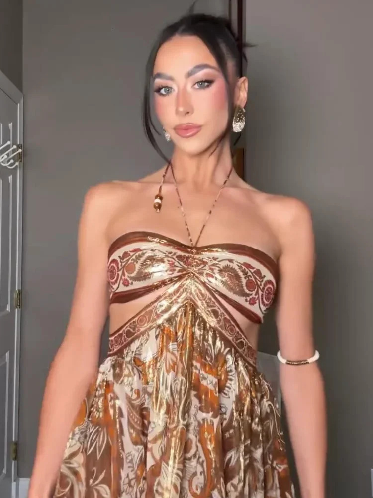 Elegant Floral Printed Strapless Maxi Dress For Women Sexy Hollow Out Waist Backless Long Dresses Lady Beach Evening Party Robes 250917