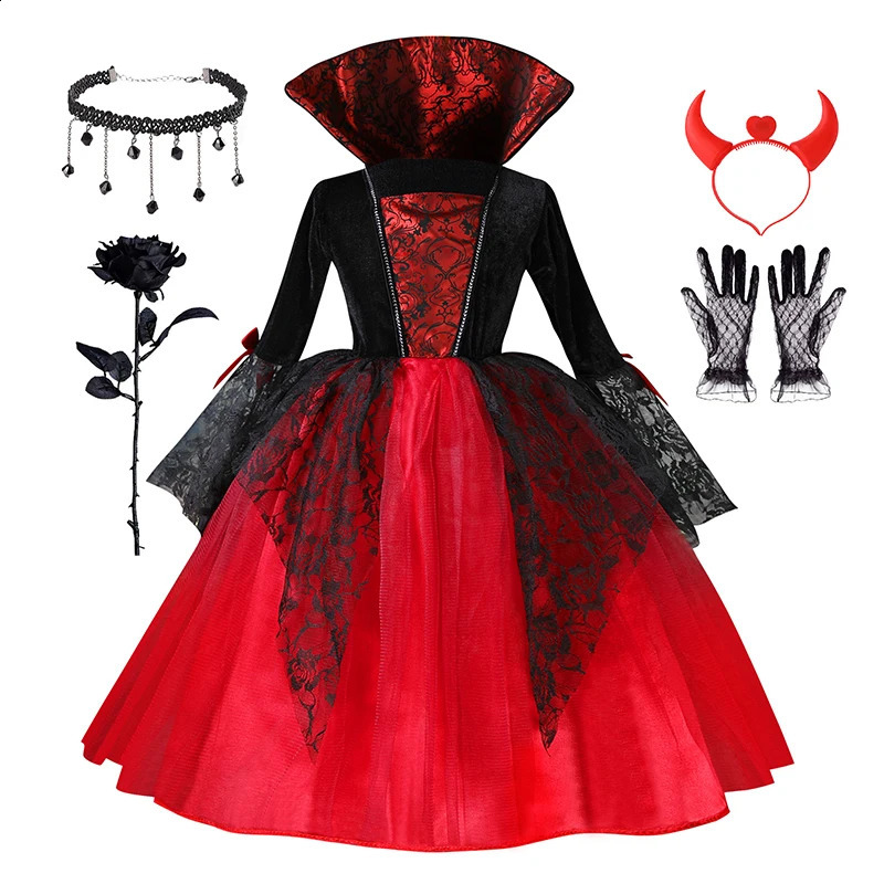 Girl Halloween Dress For Kid Ghost Bride Gothic Cosplay Costume Count Vampiran Carnival Outfit Black Red Clothes 250916