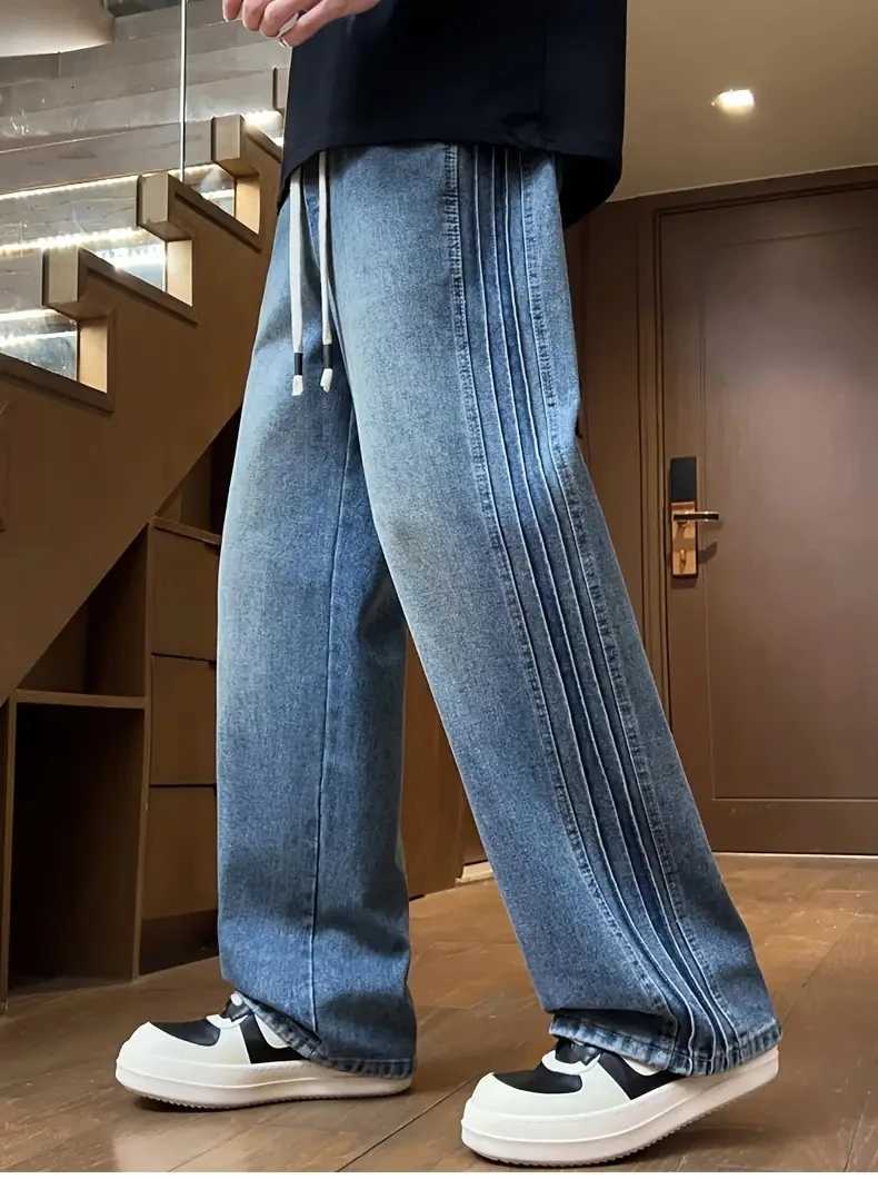 Three bar American retro jeans mens spring and autumn new style high street elastic waist loose casual mens straight leg longZ250917