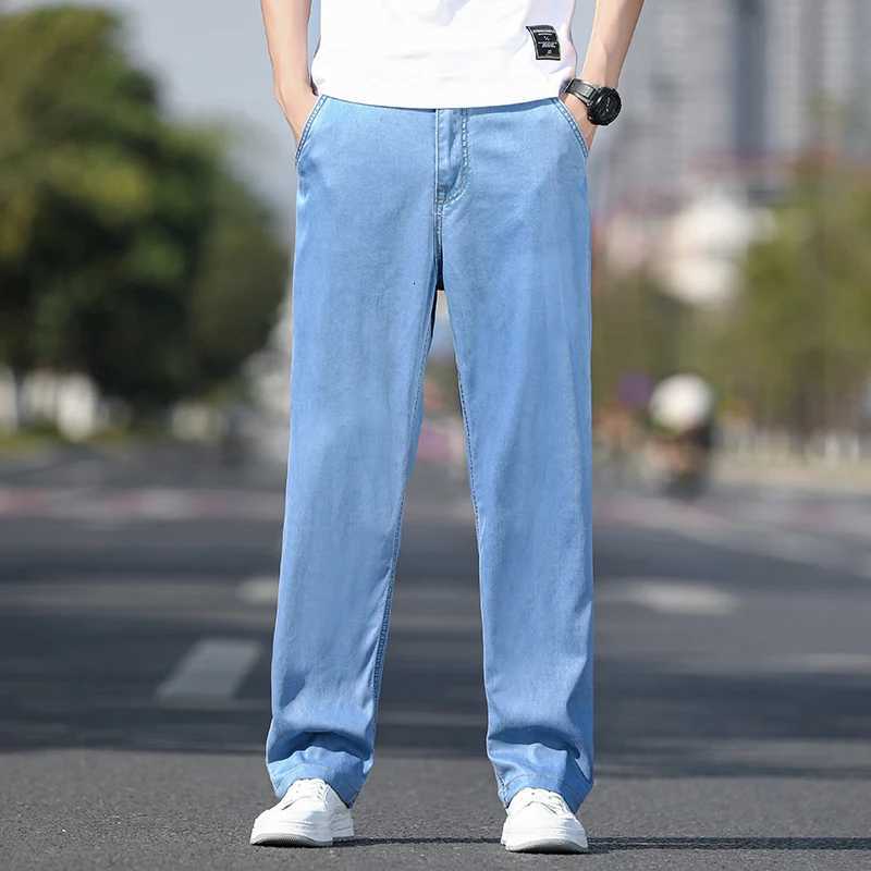 Summer Thin Mens Elastic Cotton Jeans Fashion Sky Blue Comfortable Business Straight Casual Pants Brand Male Clothes TrousersZ250917