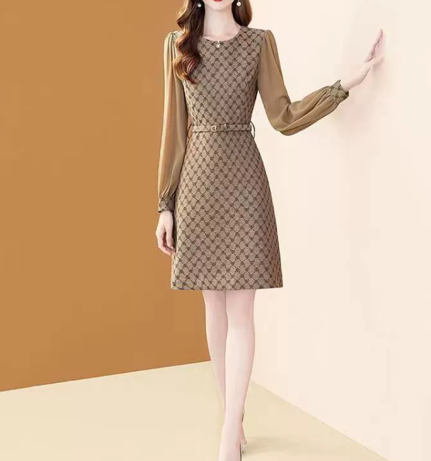 Women Casual Long Sleeves Patchwork Dress With Belt Floral Printing Slim Office A-line Dresses Women Party Vestido Autumn 250723