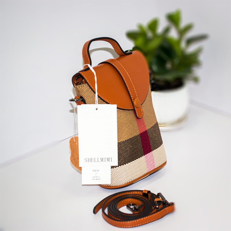 Shellmi High grade leather mobile phone bag single shoulder crossbody bag new women's bag contrasting checkered canvas fashionable and versatile 