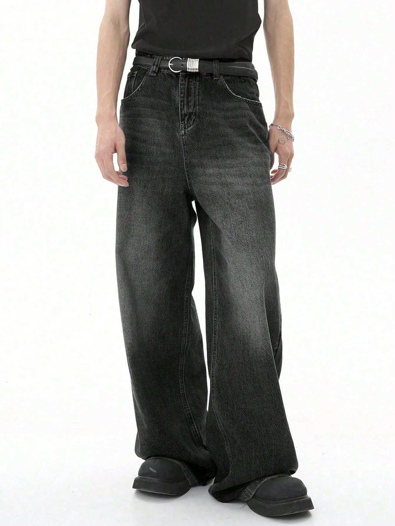 Mens loose black pocket jeans American street simple design loose fit suitable for daily wear in all seasonsZ250917