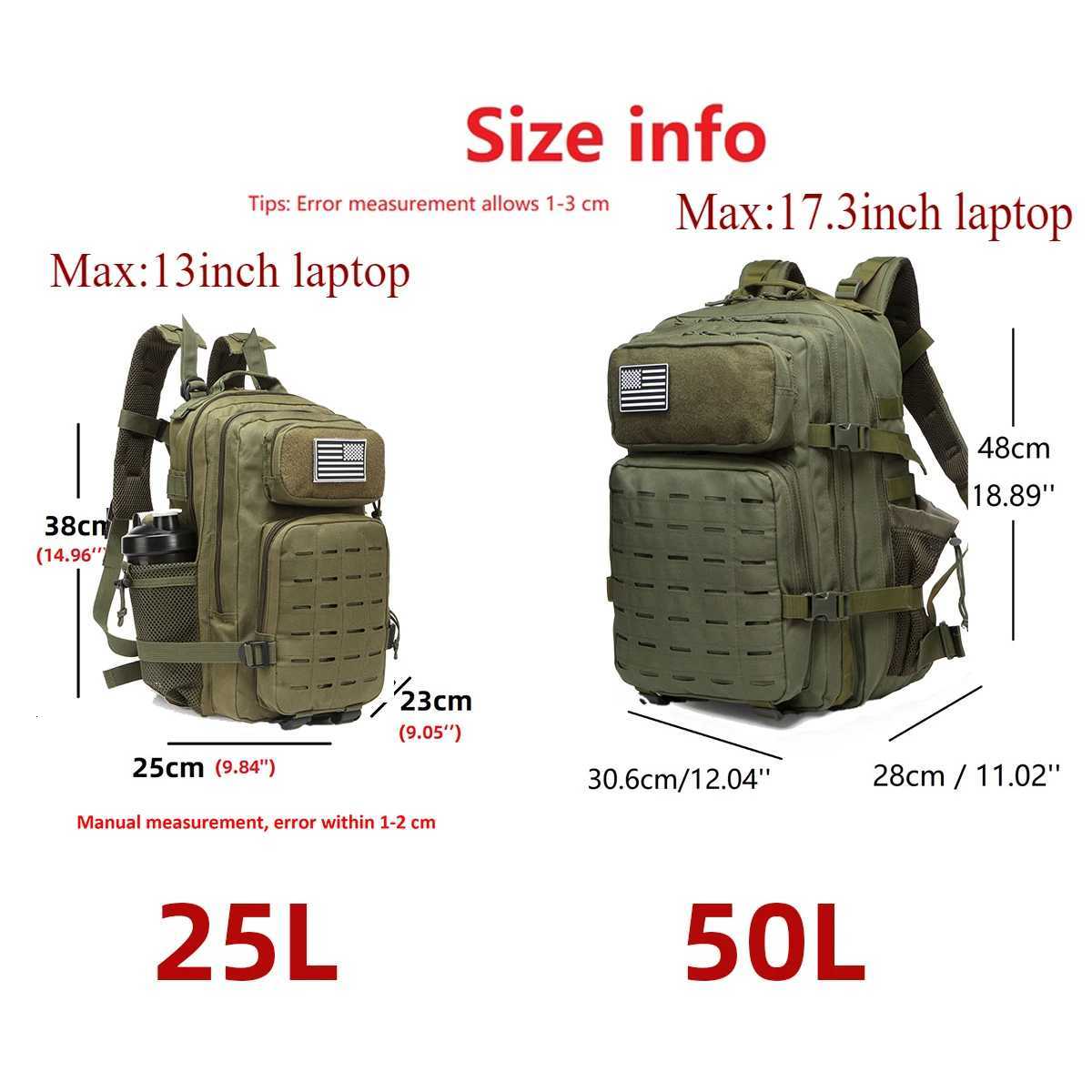 25L50L Tactical Backpack Bag Hunting MOLLE Backpack GYM For Men EDC Outdoor Hiking Rucksack Witch 2 Bottle Holders Z250916