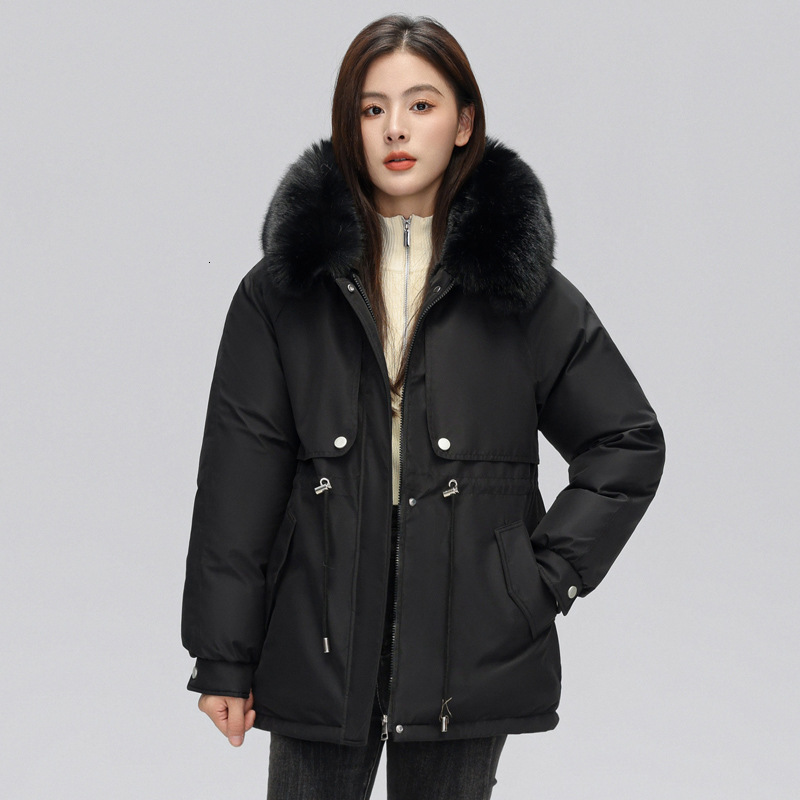 Womens MidLength Down Cotton Jacket Parka 2023 Autumn Winter New Loose Thickened Warm Large Fur Collar Cotton Coat 201217
