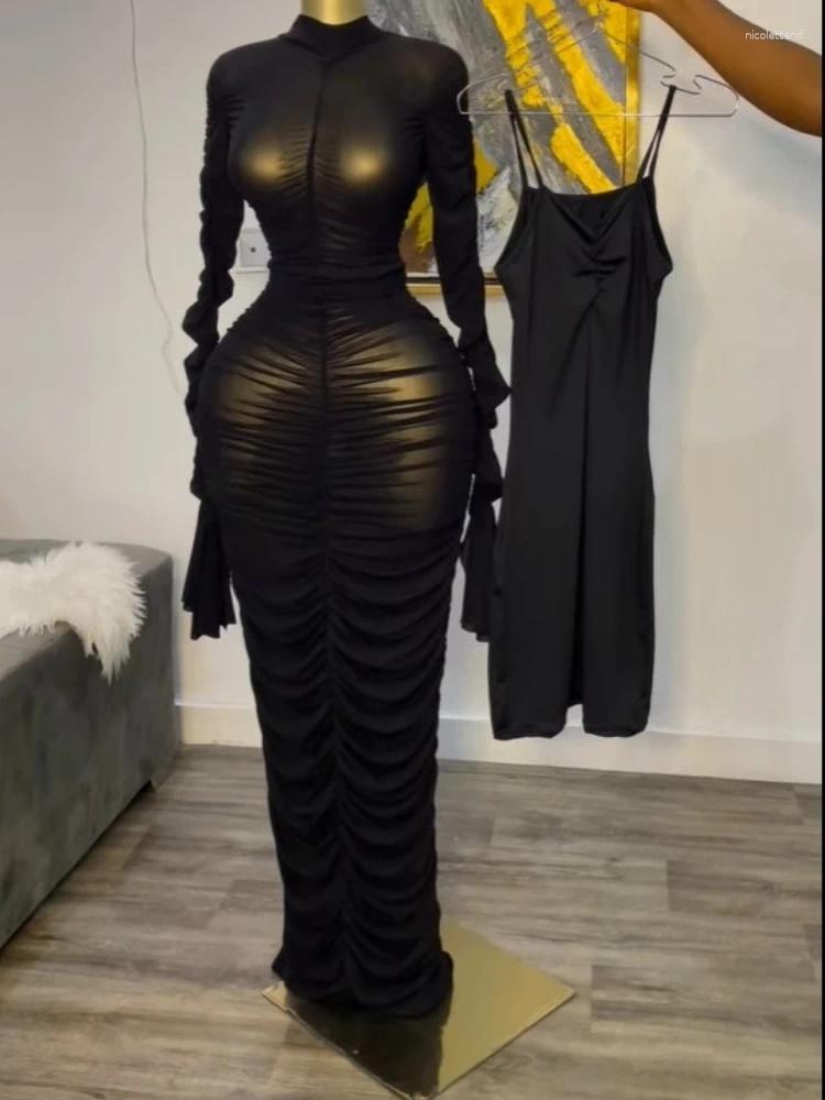 Ethnic Clothing Women Flare Long Sleeve Stacked Ruched Mesh See Though With Tank Dress Maxi 2025 Birthday Sexy Party Dresses