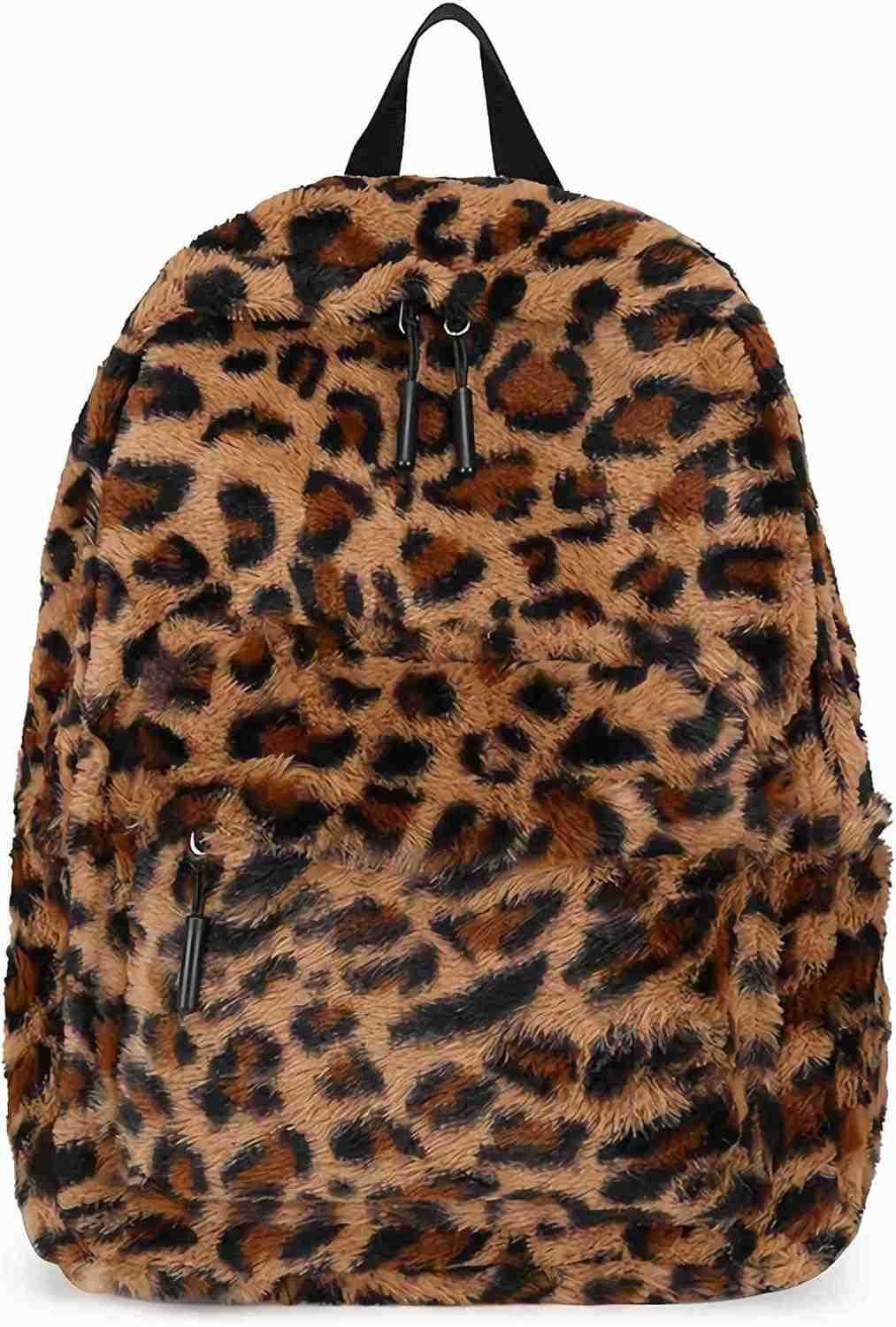 fluffy cheetah print backpack cute y2k animal fur 14 inch scene book bag for women fashion simple personal item aesthetic girls bag Z259017
