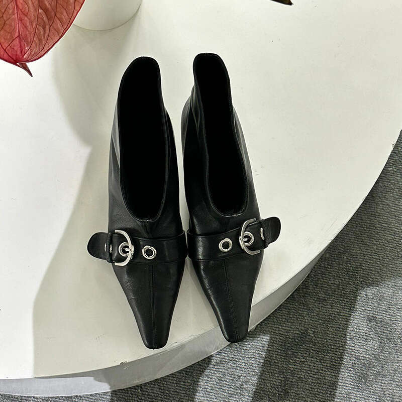 Cowhide Chelsea Ankle Boots Pointed Toe Belt Short for Designer Shoe Women Genuine Leather Buckle Low Heel Wide