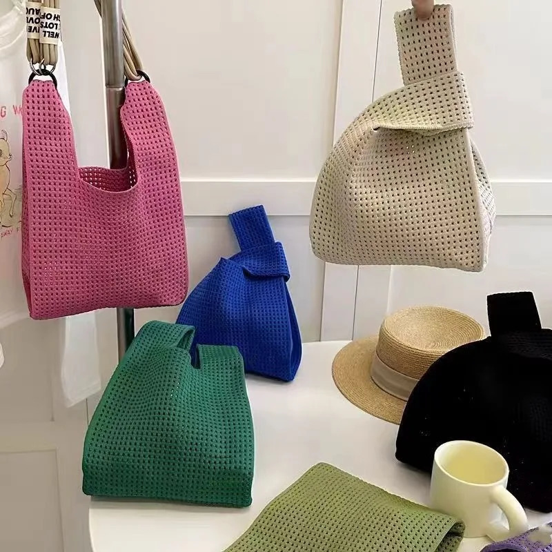 Handmade Knit Handbag Women Mini Knot Wristbag Female Casual Color Wide Stripe Plaid Tote Bag Student Reusable Shopping 250917