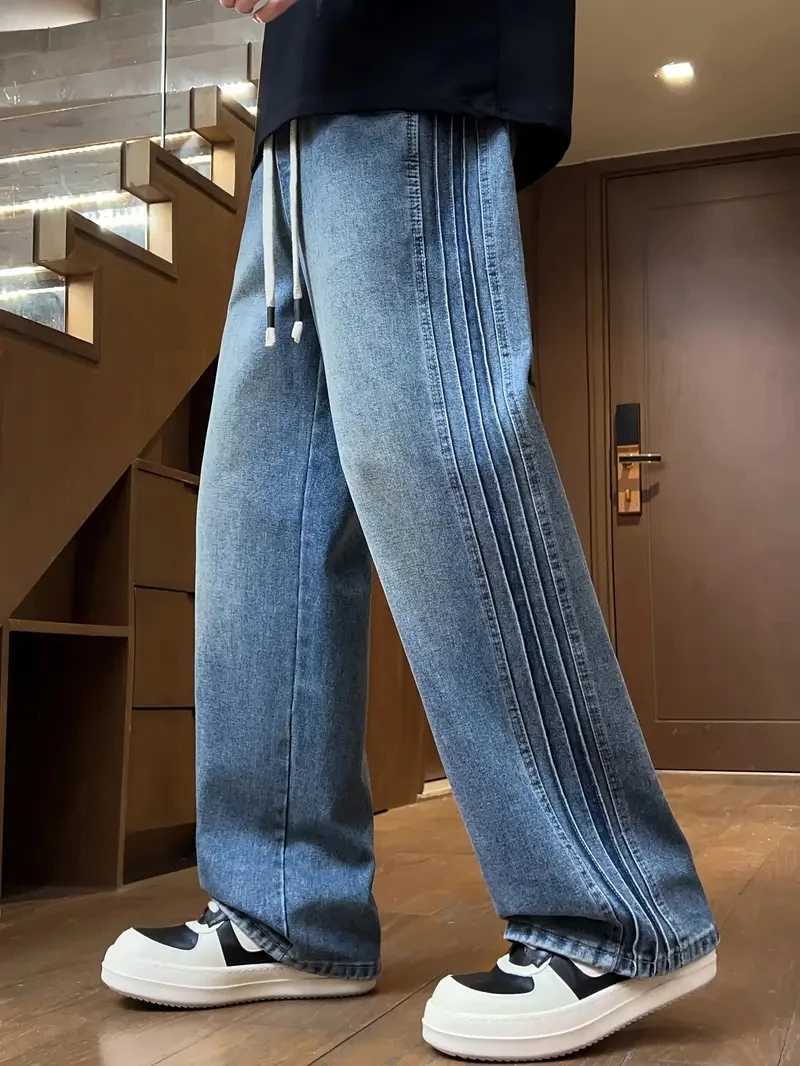 Three bar American retro jeans mens spring and autumn new style high street elastic waist loose casual mens straight leg longZ250917