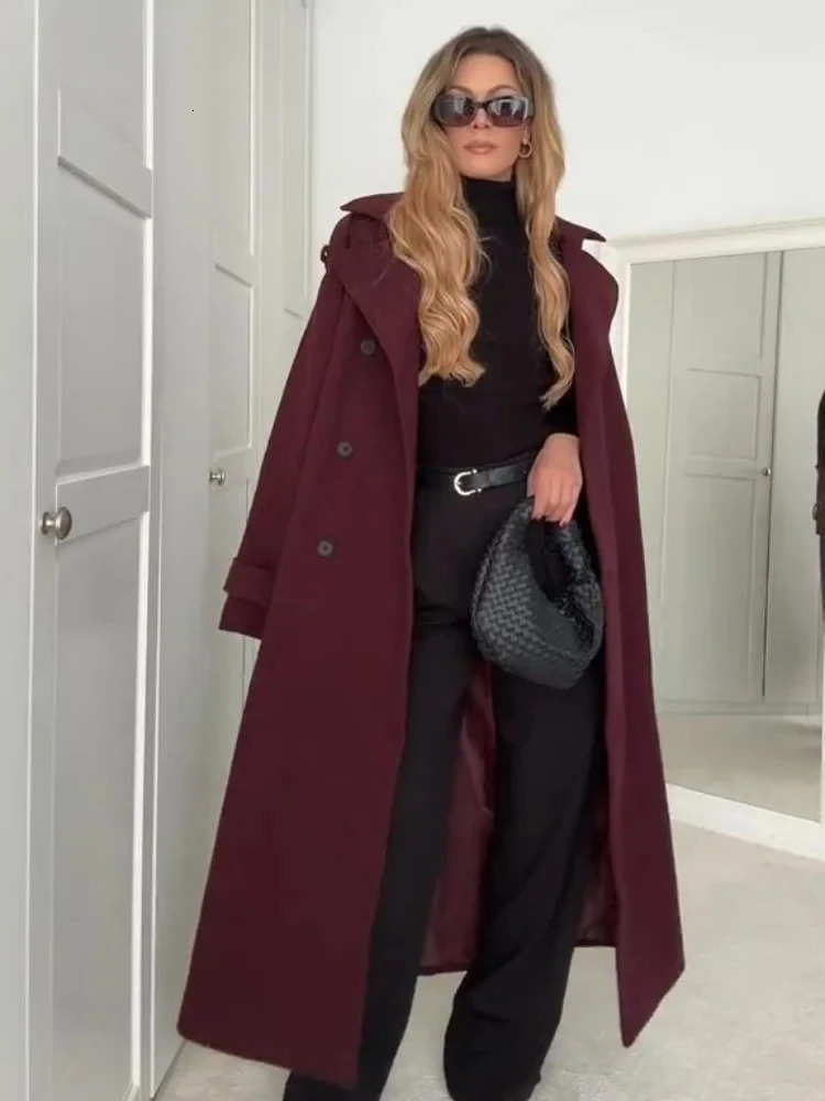 Womens Burgundy Faux Woolen Overcoat with Belt Vintage Lapel Full Sleeve Double Breasted Trench Coat Fall Winter Chic Outwear 250917