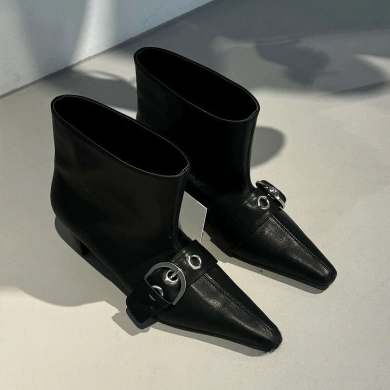Cowhide Chelsea Ankle Boots Pointed Toe Belt Short for Designer Shoe Women Genuine Leather Buckle Low Heel Wide