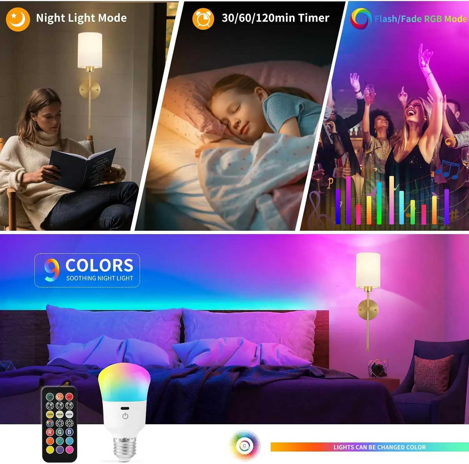 Usb rechargeable Light Bulb with Remote Control Dim RGB TimerBackup Emergency Light for Home or Outdoor C250917
