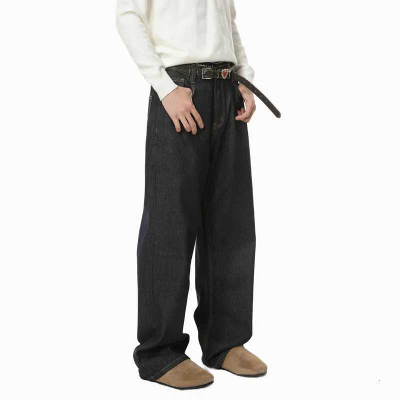 IEFB Korean Style Mens Jeans Solid Color Washed Solid Color Elastic Waist Wide Leg Straight Allmatch Male Denim Pants 9X681Z250917