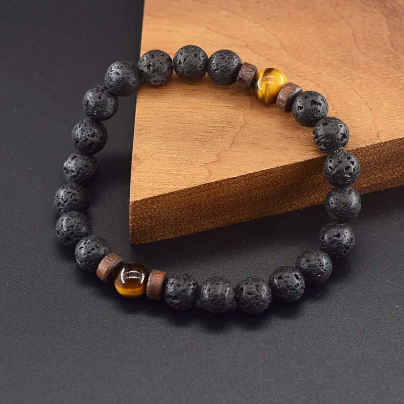 Natural Yellow Tiger Eye Bead Bracelet Men Women Black Volcanic Lava Wristband Tibetan Buddha Elastic Rope Couple Stone Bracelet 250916