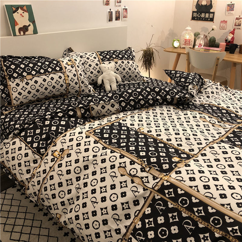 INS Cartoon Bear Head Bedding Four-Piece Washed Cotton Duvet Cover Bed Sheet Nordic Apartment Male Student Three-Piece Set