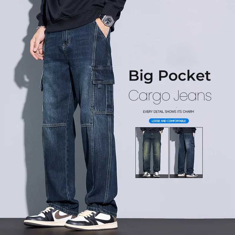 Mens 97 Cotton Straight Cargo Jeans Trendy Multipocket Nostalgic Loose Trousers Man American Vintage Fashion Denim PantsZ250917