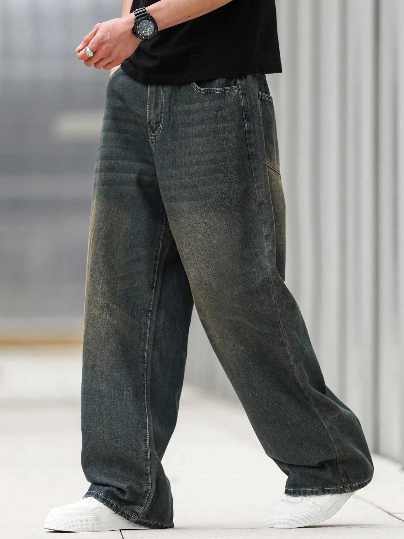 1Pc Mens Wide Pants Brushed Jeans Wide Jeans Y2K New Rocks Jeans Buggy Black HipHop PantsZ250917