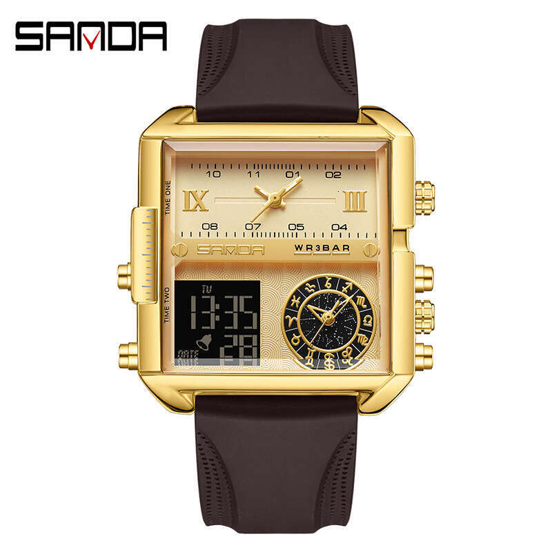 DHgargets Sanda Square Large Dial Multi-Function Three Time Zone Men's Business Electronic Watch