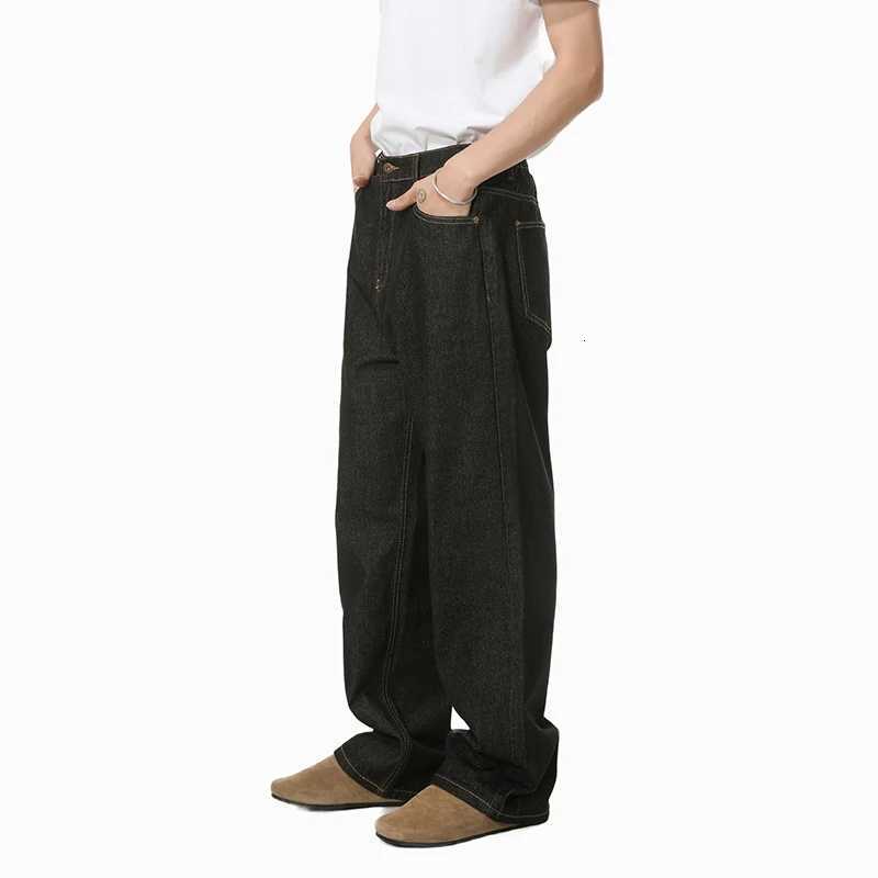 IEFB Korean Style Mens Jeans Solid Color Washed Solid Color Elastic Waist Wide Leg Straight Allmatch Male Denim Pants 9X681Z250917