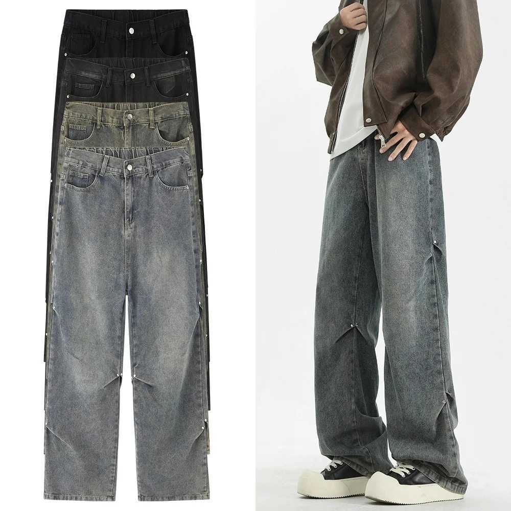 High Street Floorlength Baggy Jeans Mens Wideleg Casual Denim Trousers Men Korean Streetwear Loose Straightleg Jean TrousersZ250917